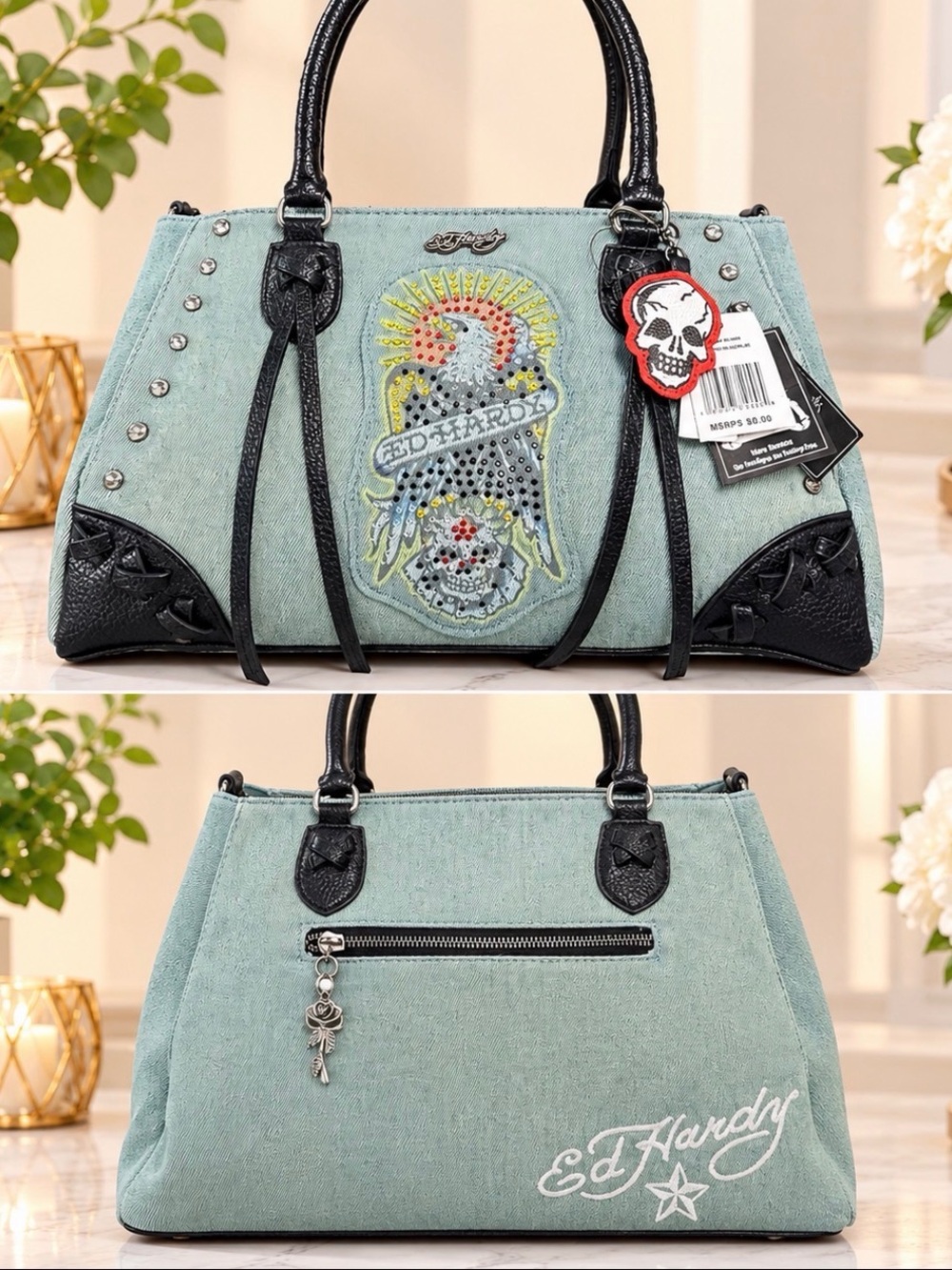 ✨ NWT Ed Hardy Denim Eagle Rhinestone Tote Bag - Y2K Vintage Style 🦅💀